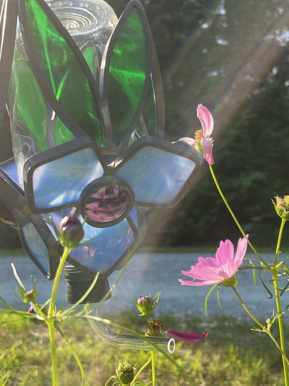 ❤️ Unique 1 of a kind Handmade Stained Glass Hummingbird Feeder iridescent blue